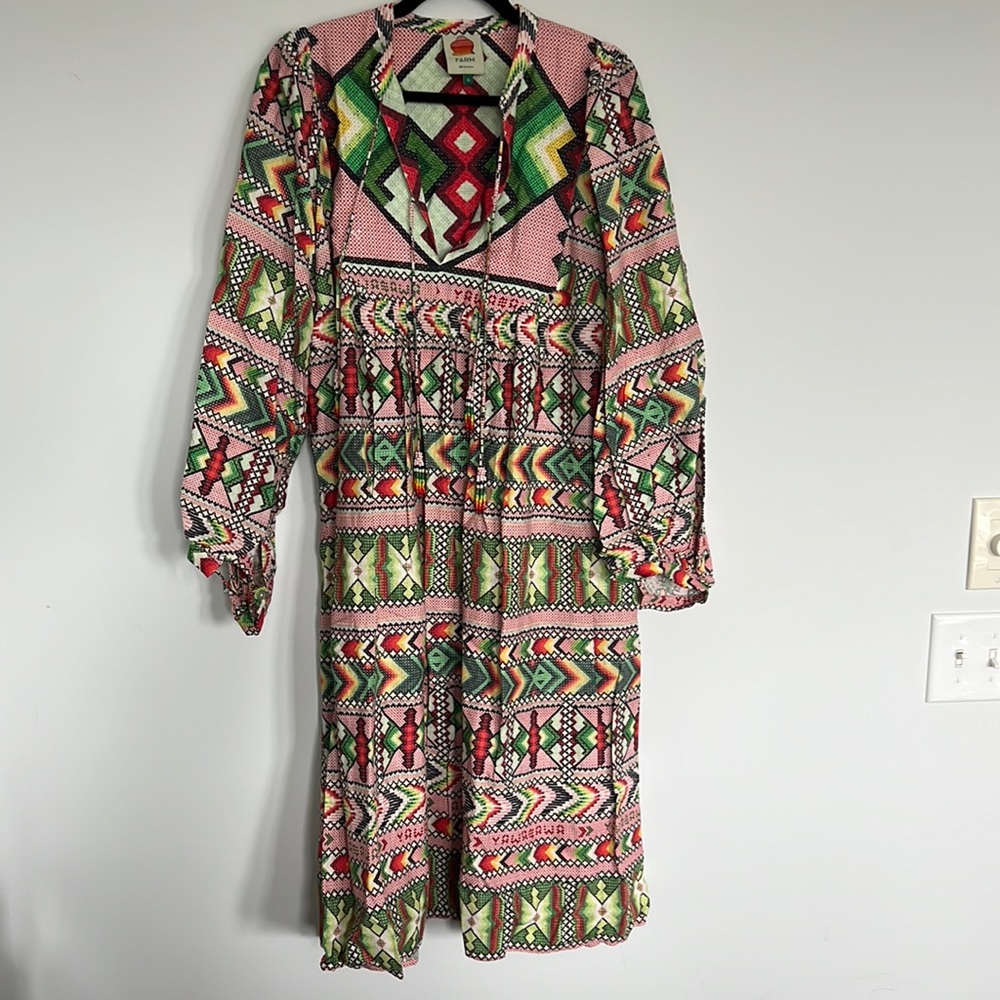 Farm rio Xl midi long sleeve dress. Beautiful fabric pattern. Beaded tassel ties